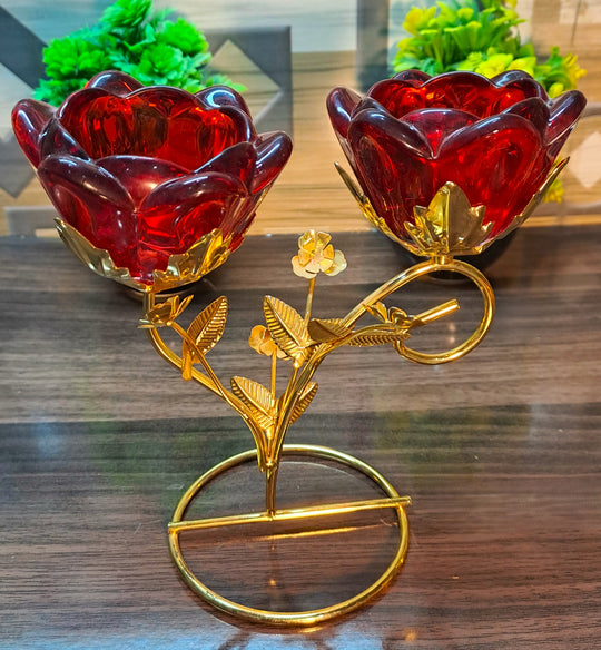 Golden Metallic Stands Set with Red Glass Rose Holder (2 Pieces in Set)