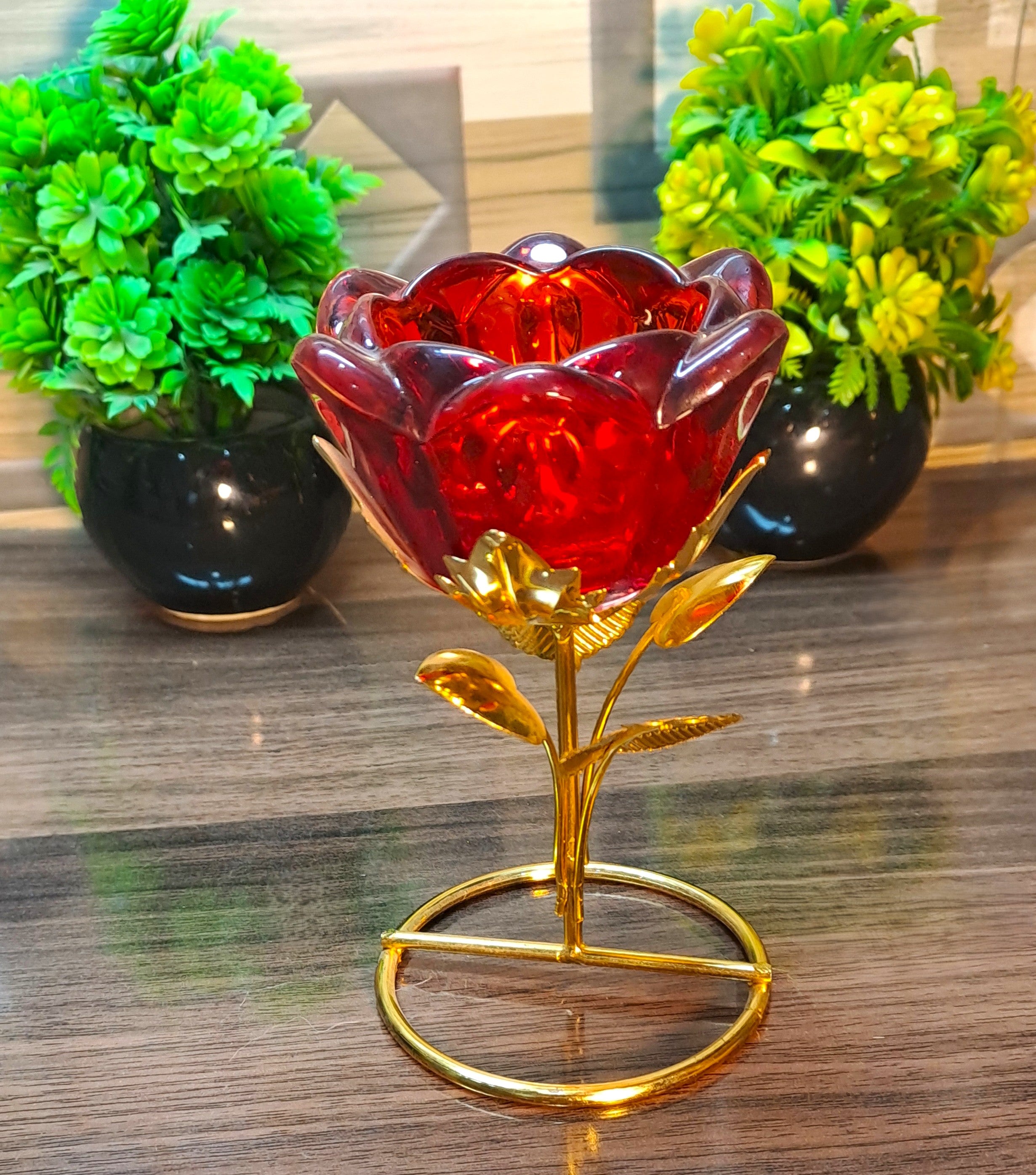 Golden Metallic Stands Set with Red Glass Rose Holder (2 Pieces in Set)