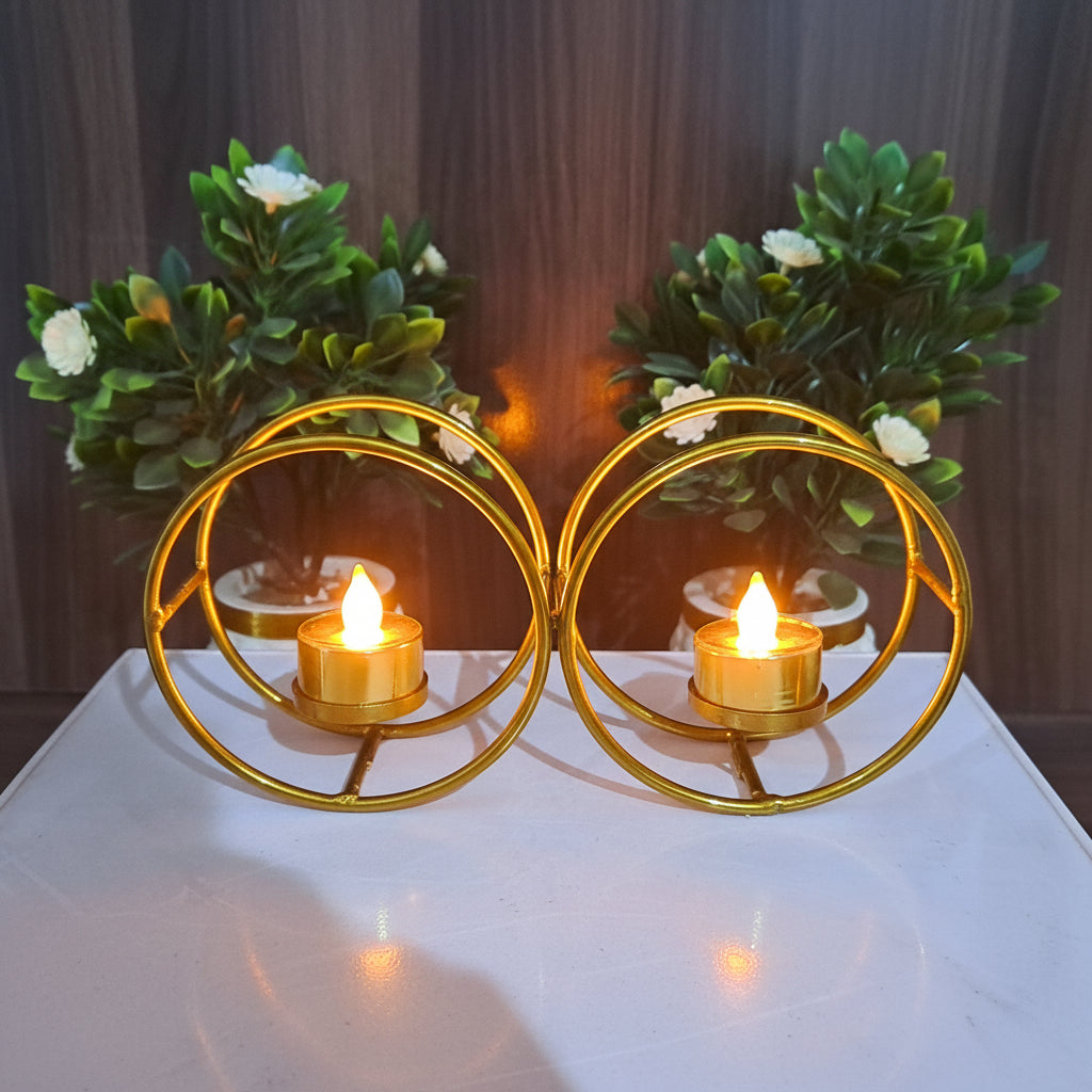 Golden Metallic Rings Style Candle Stand with 2 Golden LED Candles