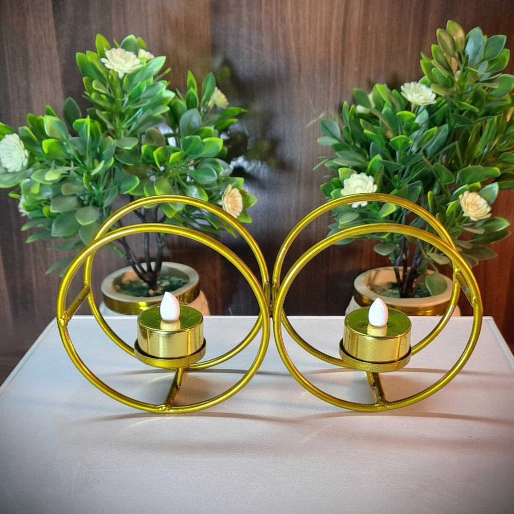 Golden Metallic Rings Style Candle Stand with 2 Golden LED Candles