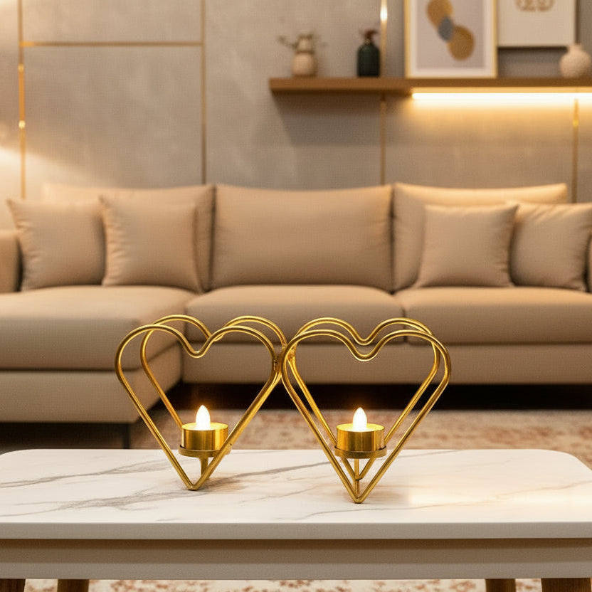 Golden Metallic Hearts Shape Candle Stand with 2 Golden LED Candles