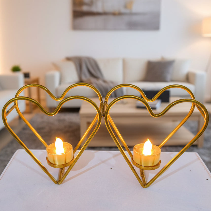Golden Metallic Hearts Shape Candle Stand with 2 Golden LED Candles