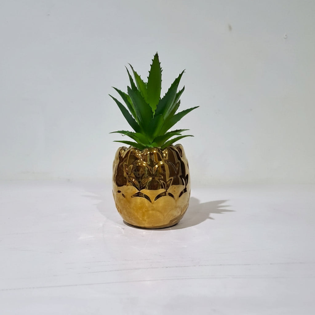 Golden Pineapple shaped Ceramic Pot with artificial Cactus Plant