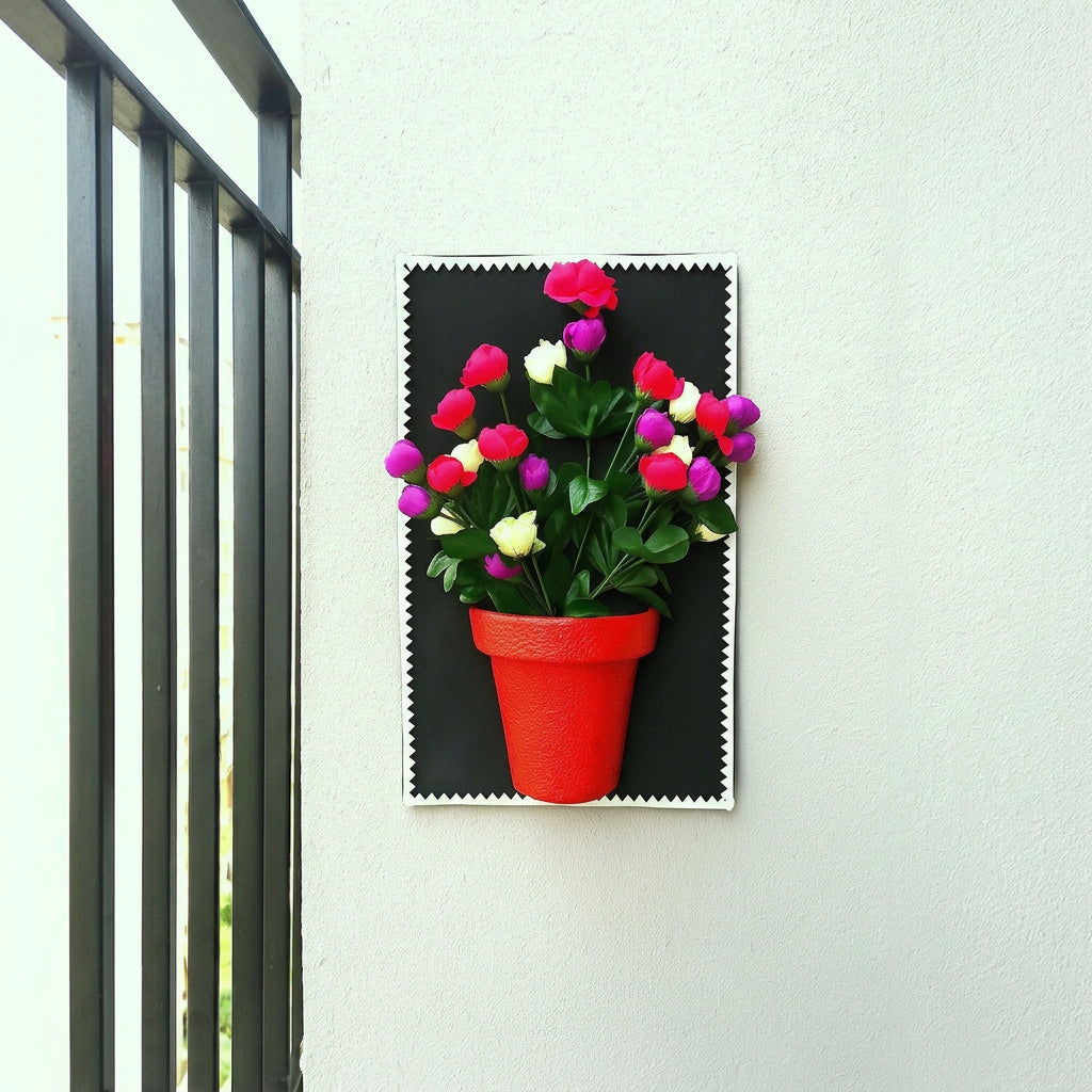 Half Red Pot with Multi Colour Flowers on Black Canvas Frame