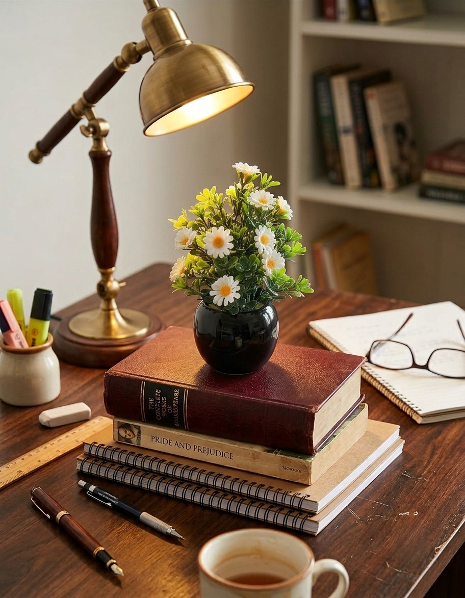 Black Ceramics Pot with artificial Plant & White flowers