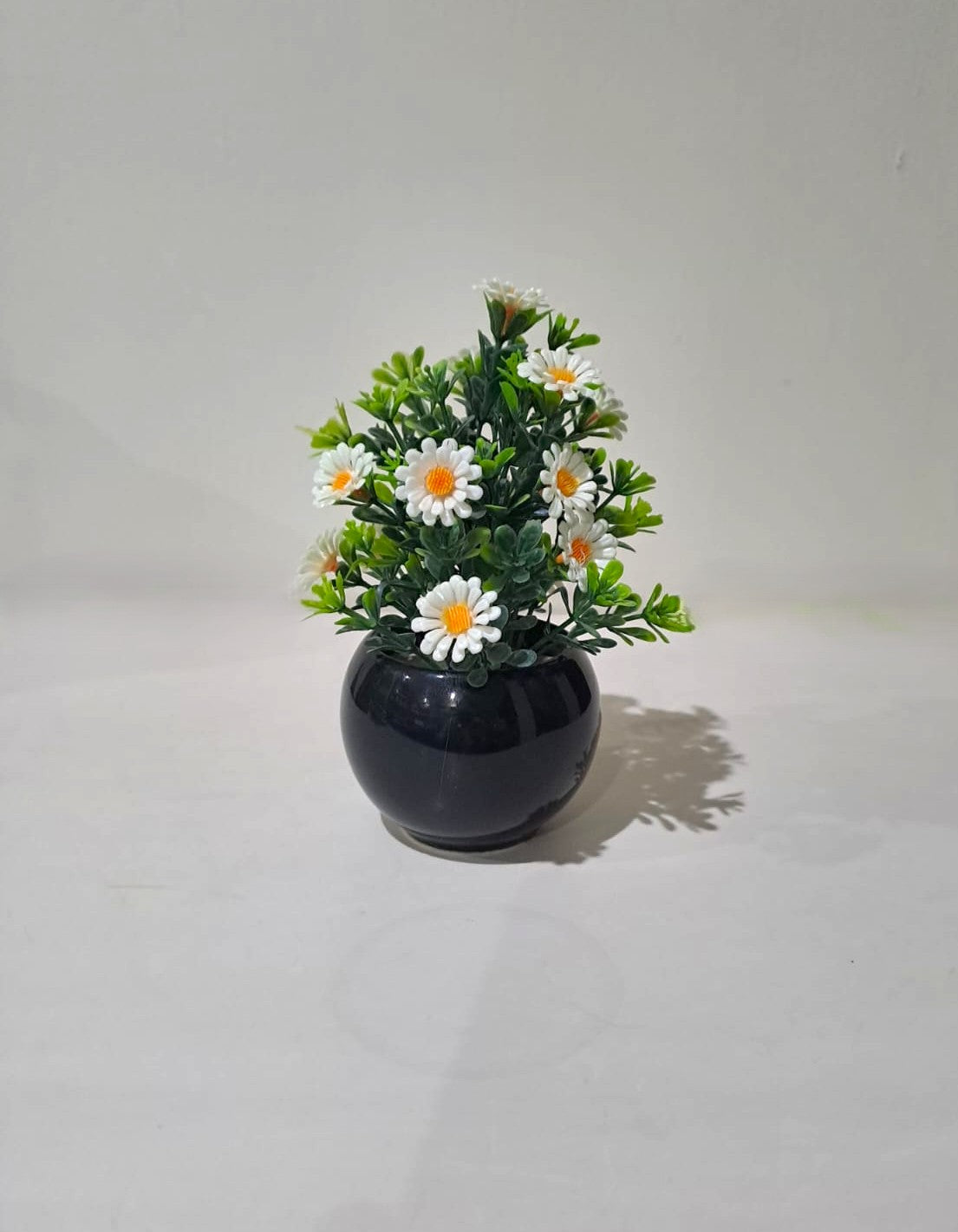 Black Ceramics Pot with artificial Plant & White flowers
