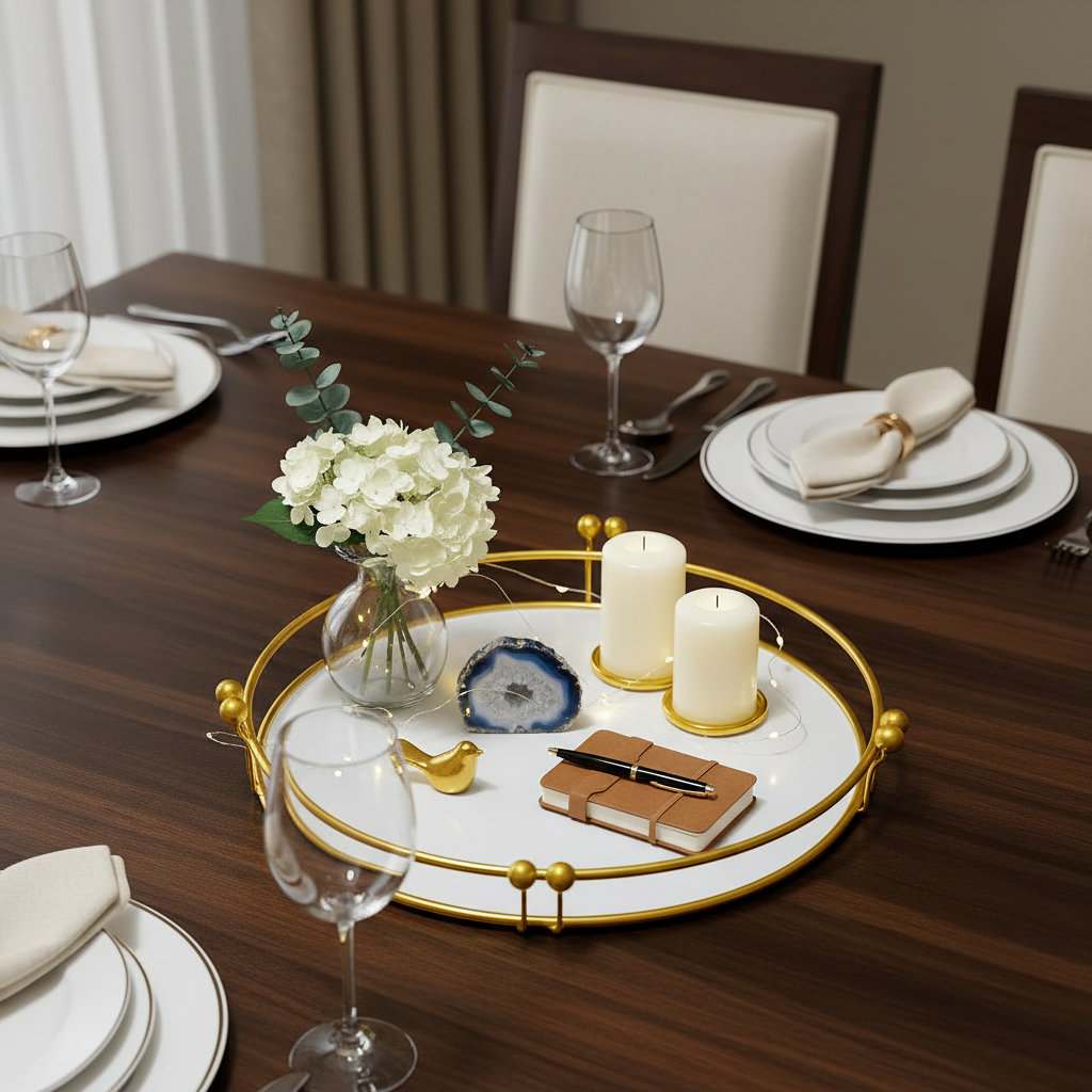 Golden Metallic Round Tray with PVC Platform & Décor Items