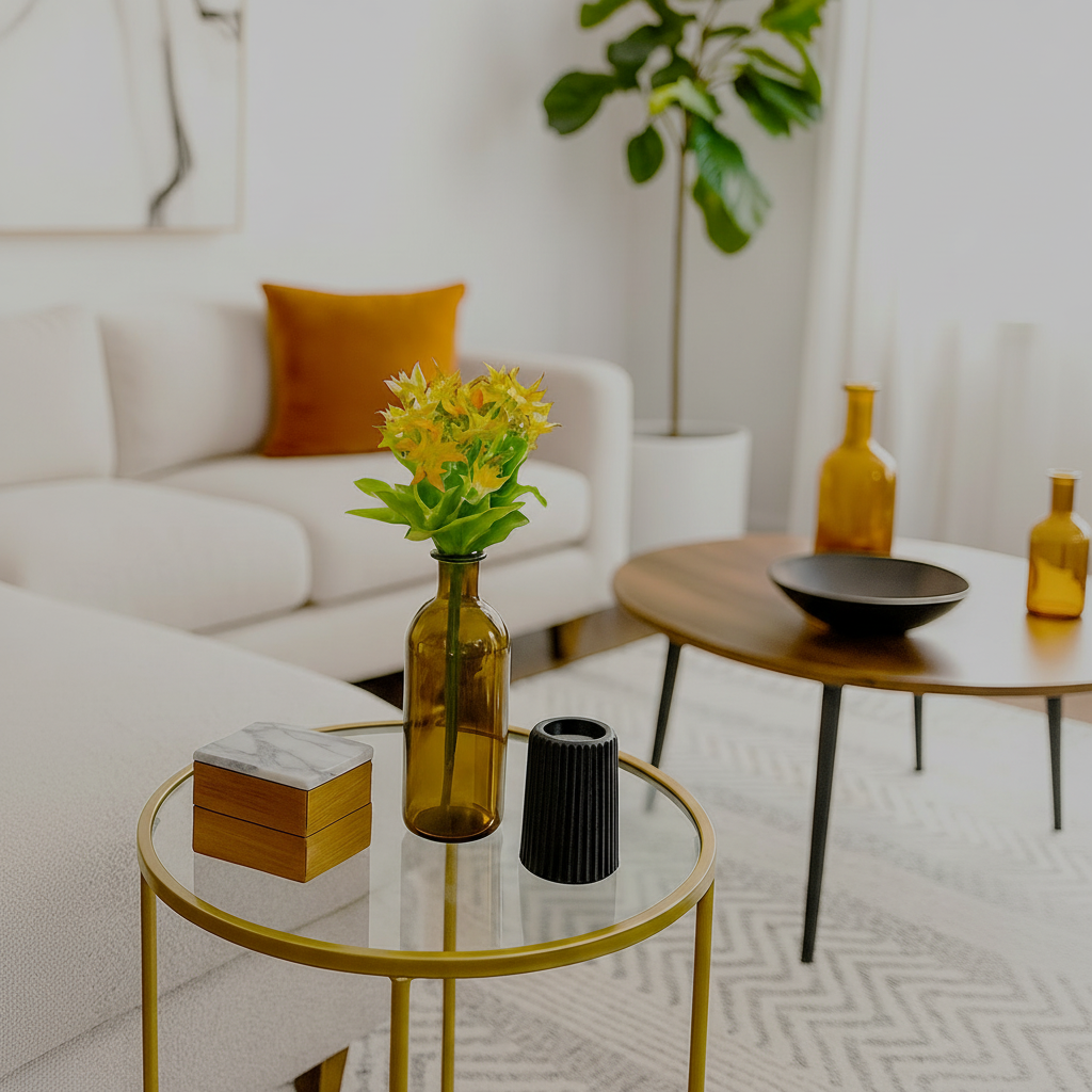 Brown Glass Bottle Vase with Bunch of Yellow Flowers