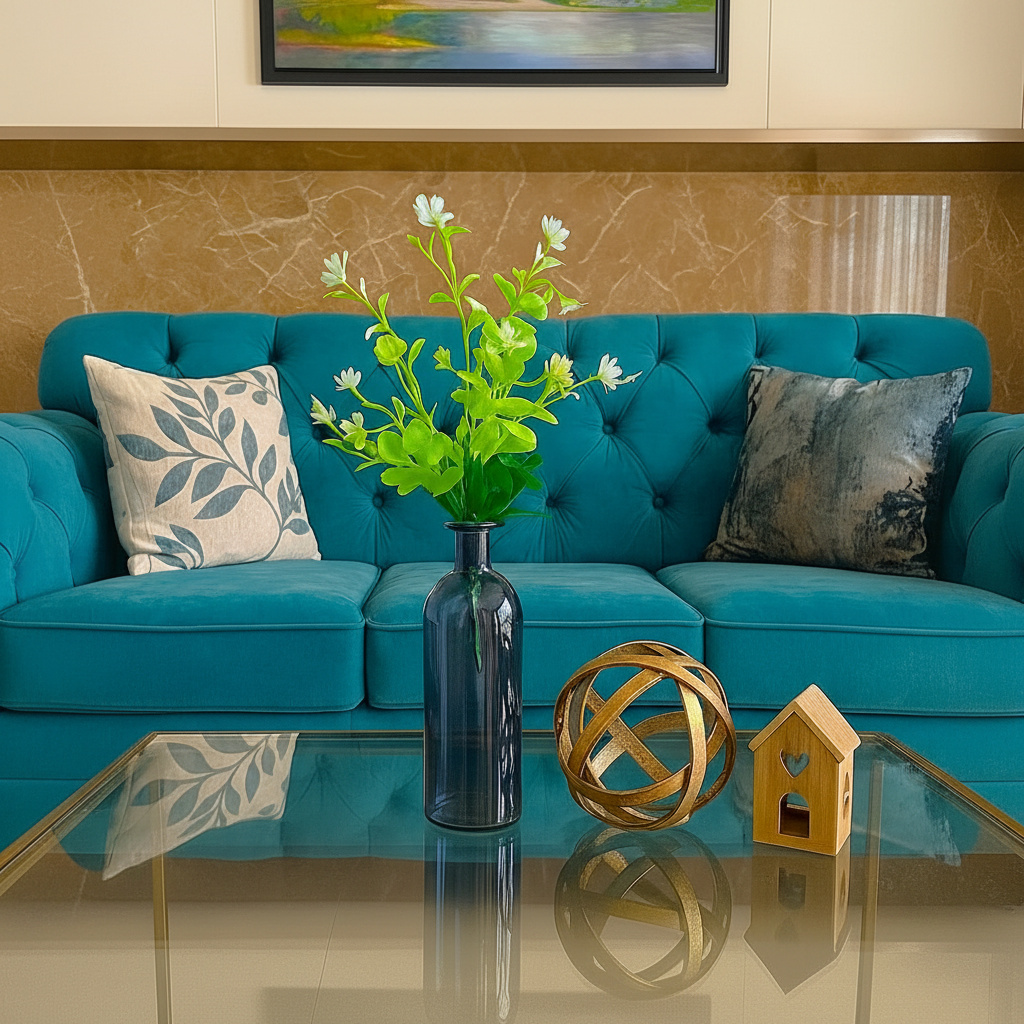 Blue Glass Bottle Vase with Bunch of White Flowers