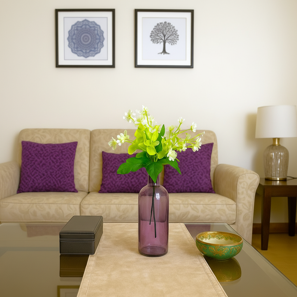 Purple Glass Bottle Vase with Bunch of White Flowers