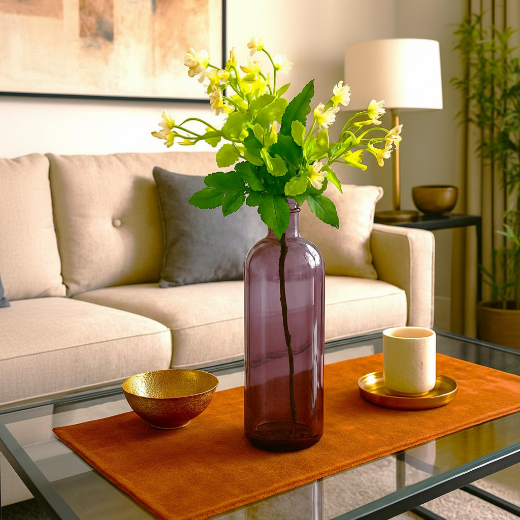 Purple Glass Bottle Vase with Bunch of White Flowers
