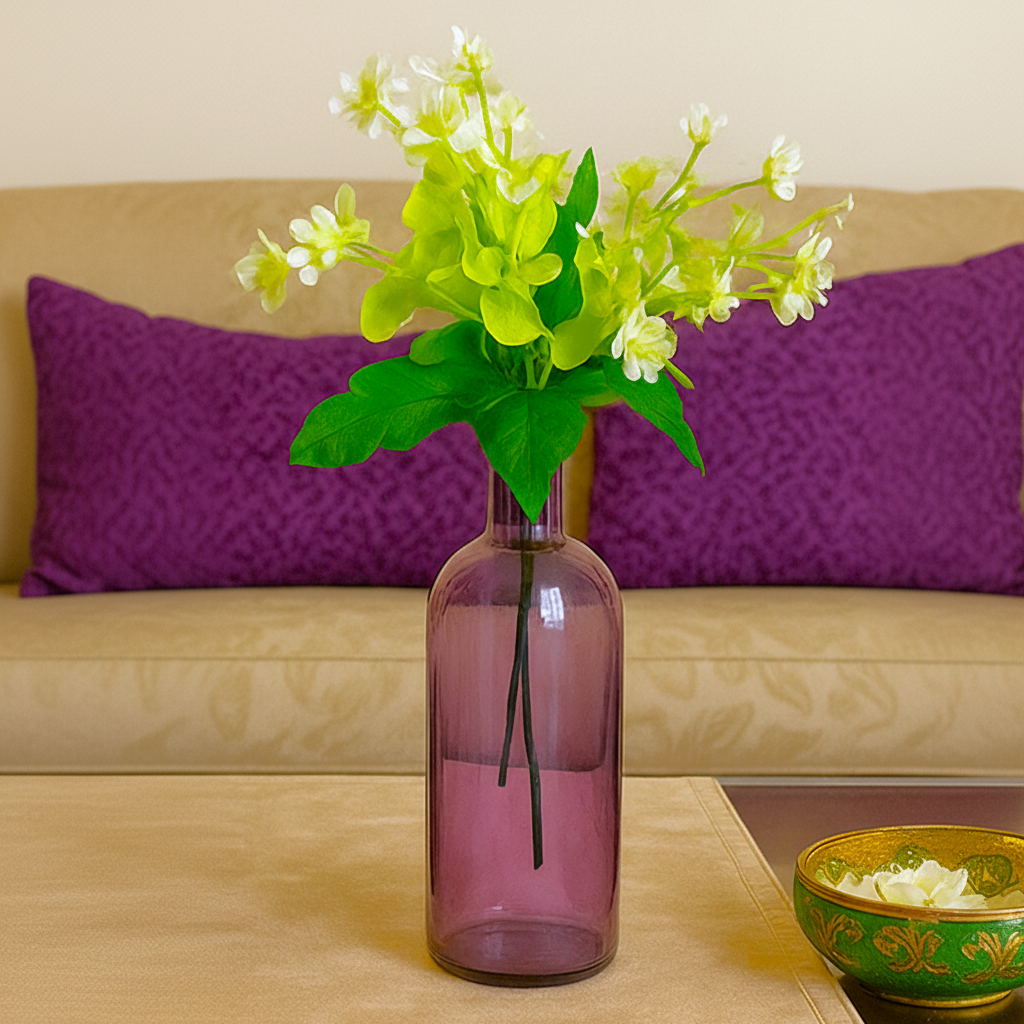 Purple Glass Bottle Vase with Bunch of White Flowers