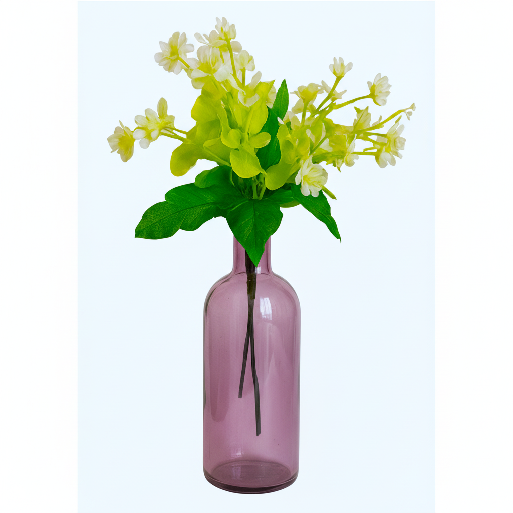 Purple Glass Bottle Vase with Bunch of White Flowers