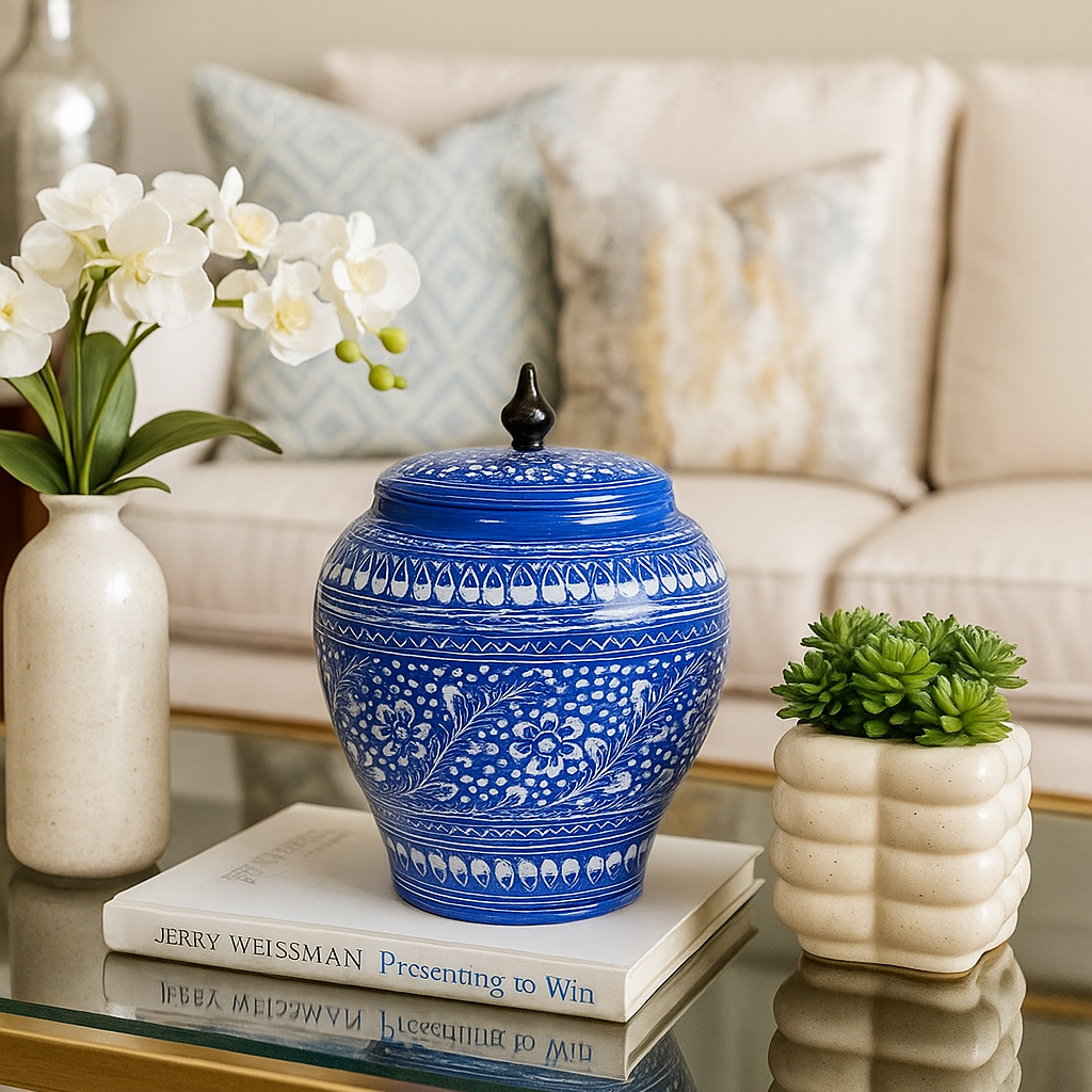 Wooden Artistic Naqshi Candy Jar (Blue Pottery)