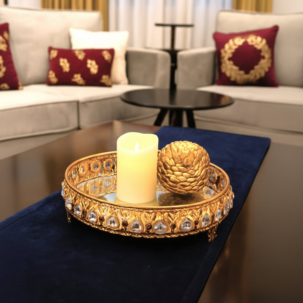 Golden Metallic Round Tray with Crystal Beads in walls and Mirror at Platform (without Décor Items)