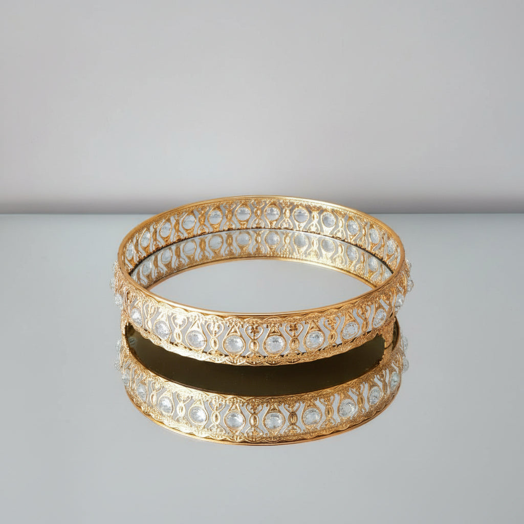 Golden Metallic Round Tray with Crystal Beads in walls and Mirror at Platform (without Décor Items)