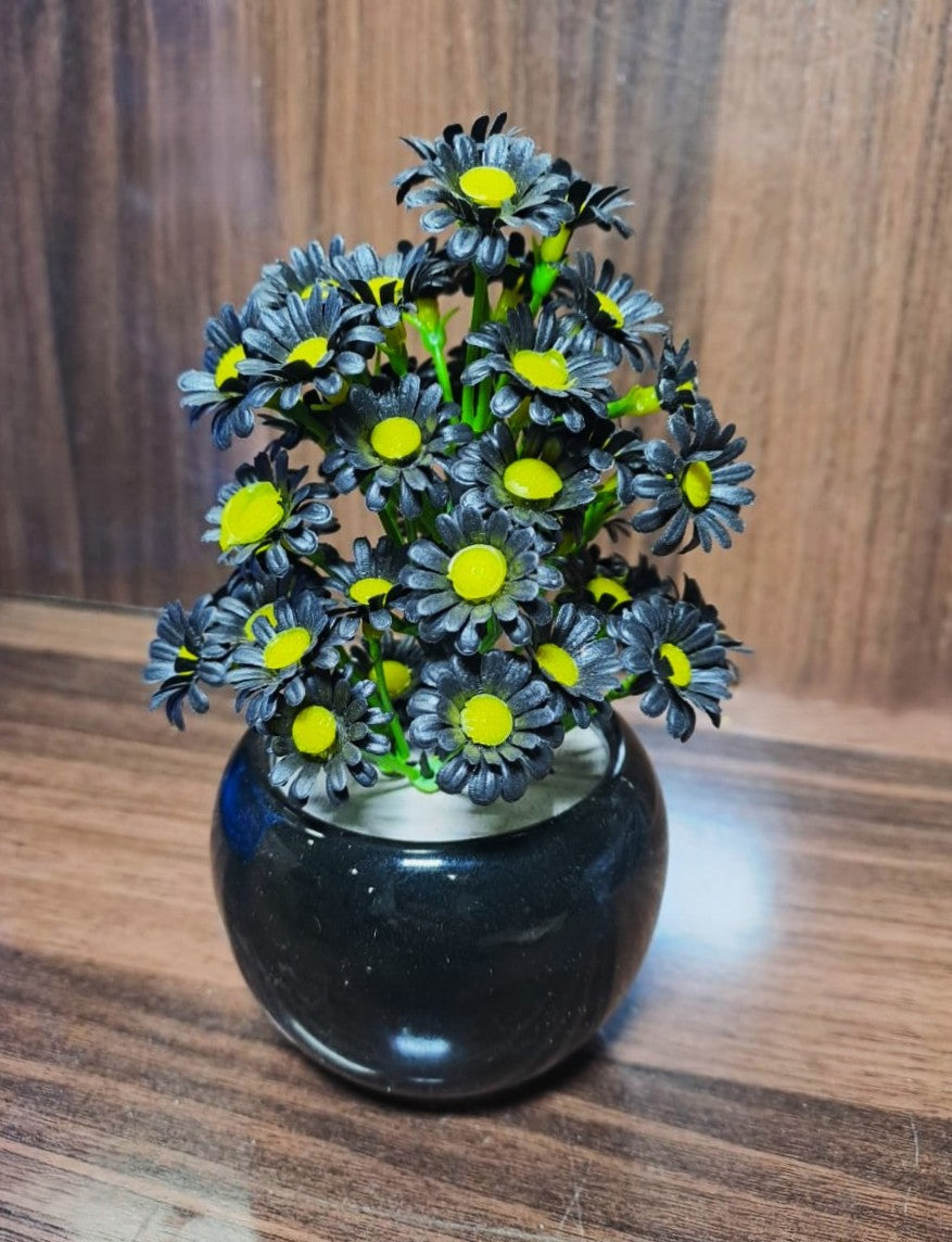 Black Ceramics Pot with artificial Plant & Black flowers