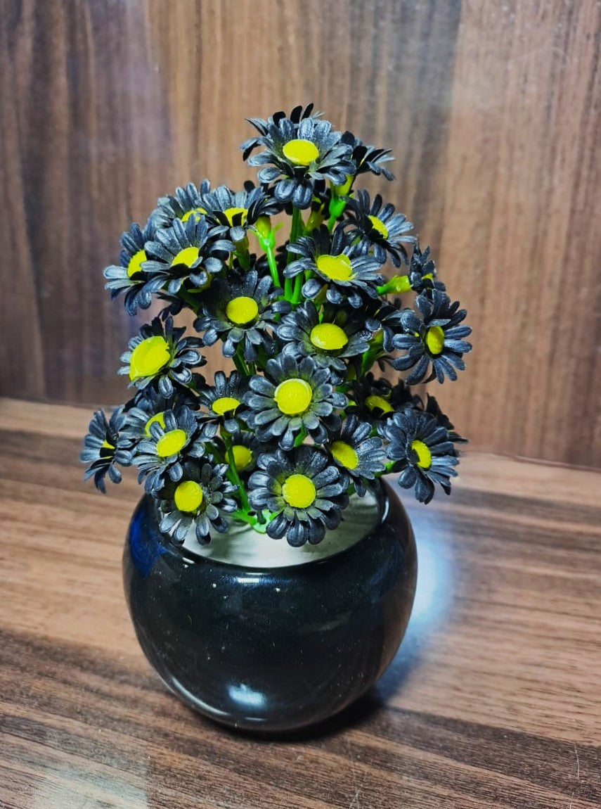 Black Ceramics Pot with artificial Plant & Black flowers
