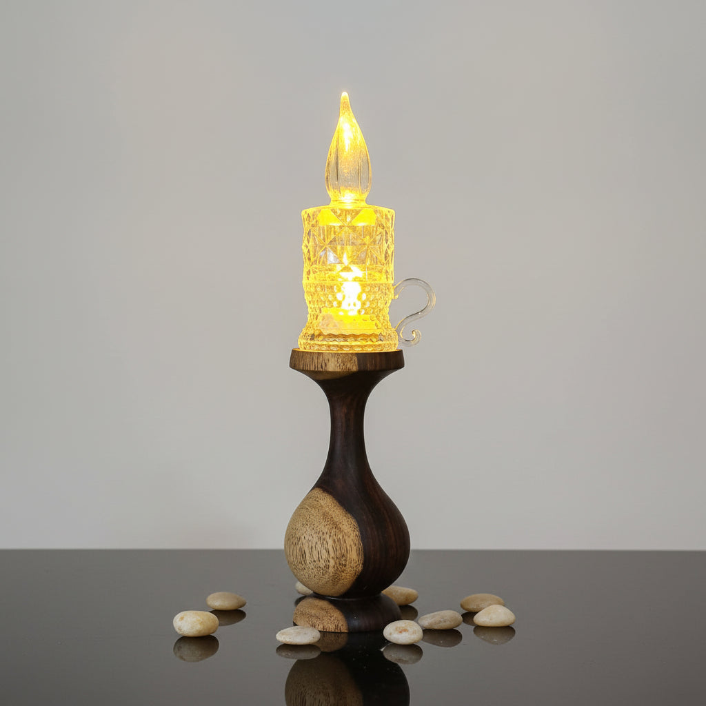 Wooden Hand Crafted Vase Shape Candle Stand with LED Candle