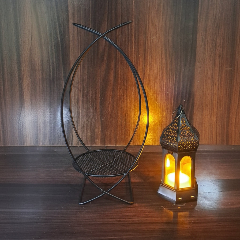 Black Metallic Candle holder with LED Candle inside Black Plastic Lantern