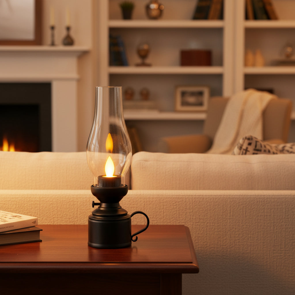 Black Plastic Lantern with LED Candle surrounded by Transparent Plastic shade