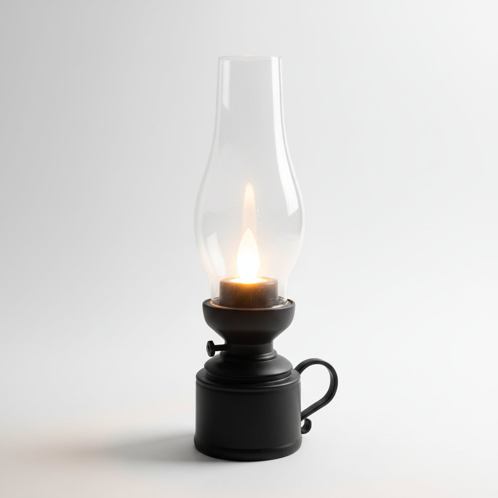 Black Plastic Lantern with LED Candle surrounded by Transparent Plastic shade