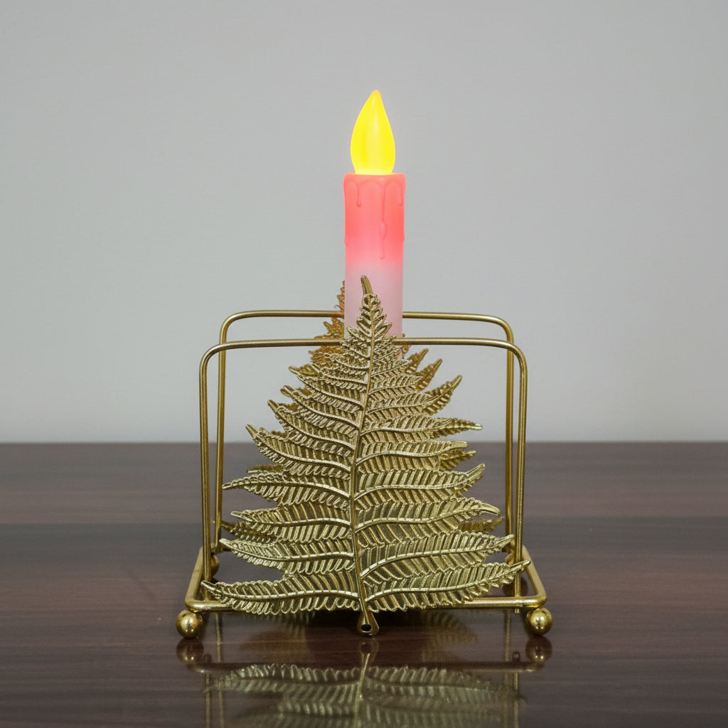 Golden Metallic Double Size Fern Leaf Shape Candle Holder (without LED Candle)