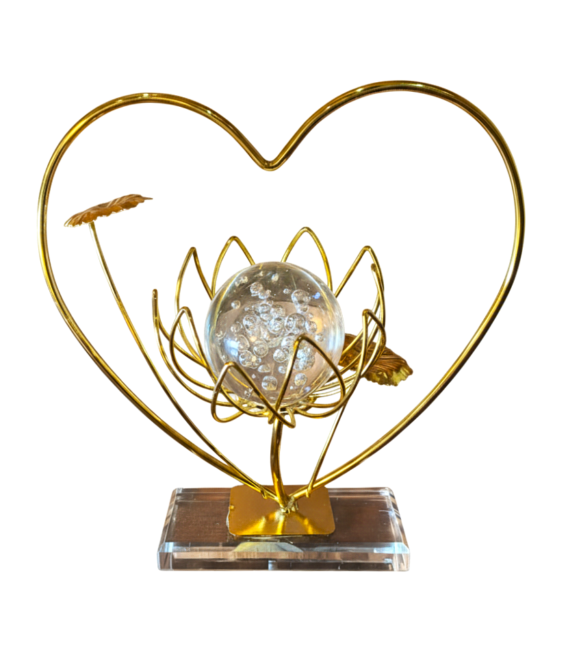 Golden Metallic Heart Shape Frame on Stand with Crystal Ball inside Flower
