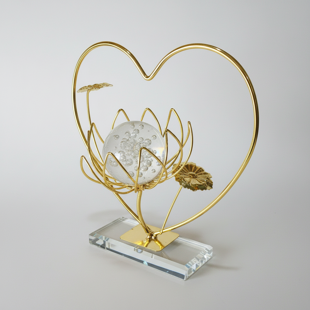 Golden Metallic Heart Shape Frame on Stand with Crystal Ball inside Flower