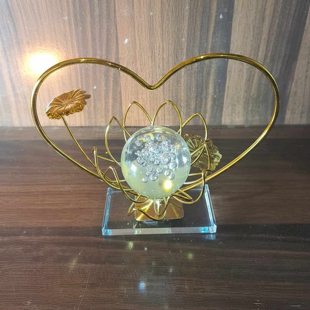 Golden Metallic Heart Shape Frame on Stand with Crystal Ball inside Flower