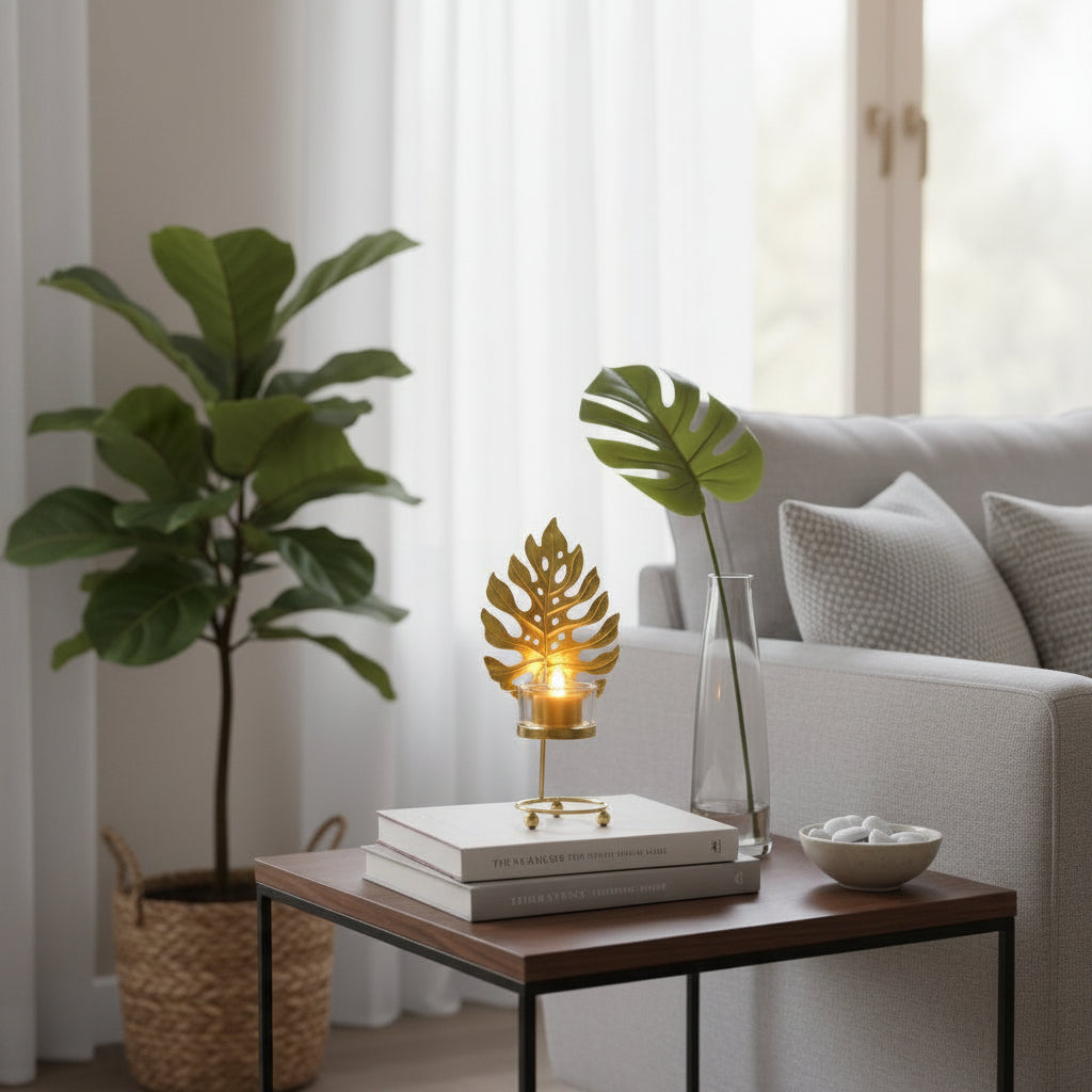 Golden Metallic Leaf Candle Stand with Flameless Candle