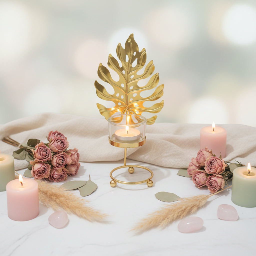 Golden Metallic Leaf Candle Stand with Flameless Candle