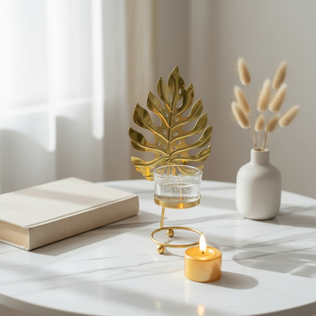 Golden Metallic Leaf Candle Stand with Flameless Candle