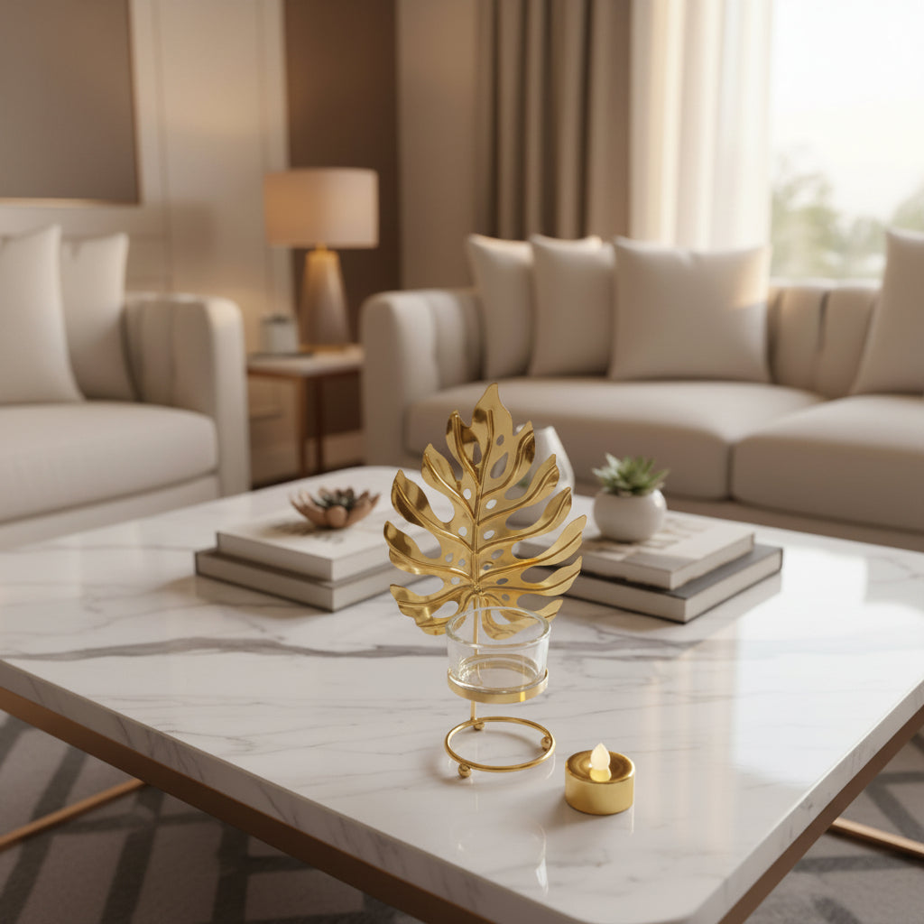 Golden Metallic Leaf Candle Stand with Flameless Candle