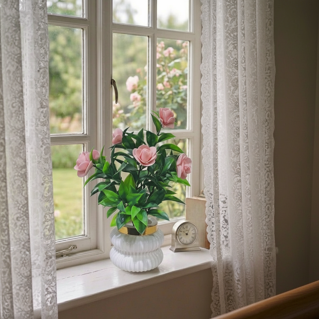 Peach Camellia-Style Blossoms and lush green foliage in a white, ribbed Plastic Pot