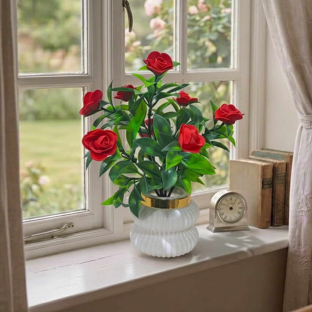Red Camellia-Style Blossoms and lush green foliage in a white, ribbed Plastic Pot