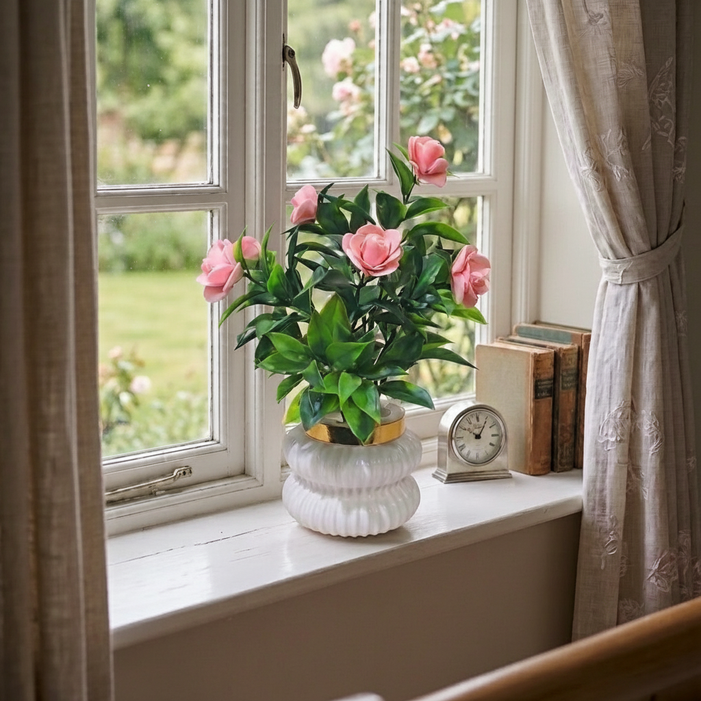Pink Camellia-Style Blossoms and lush green foliage in a white, ribbed Plastic Pot