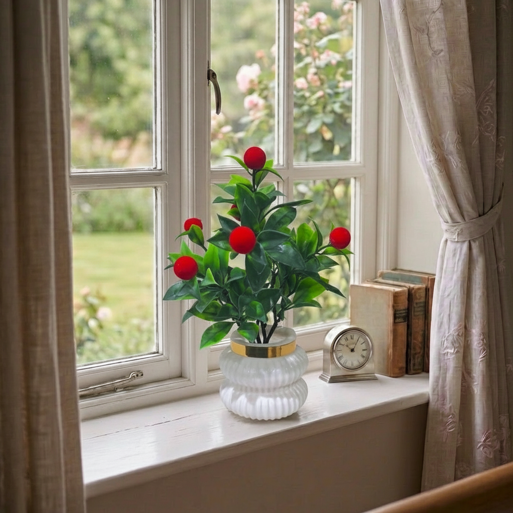 Red Cherry Plant in a white, ribbed Plastic Pot