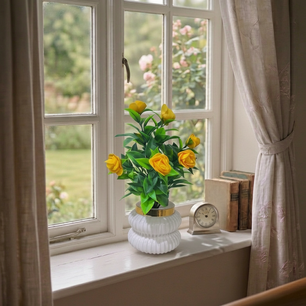 Yellow Camellia-Style Blossoms and lush green foliage in a white, ribbed Plastic Pot