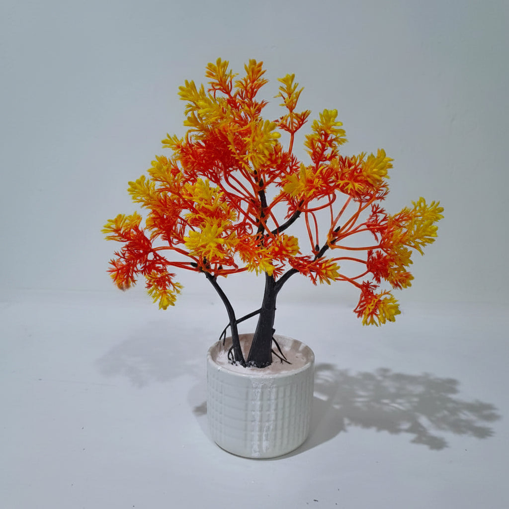 White Ceramic Pot with Artificial Multi Colour Bonsai Tree