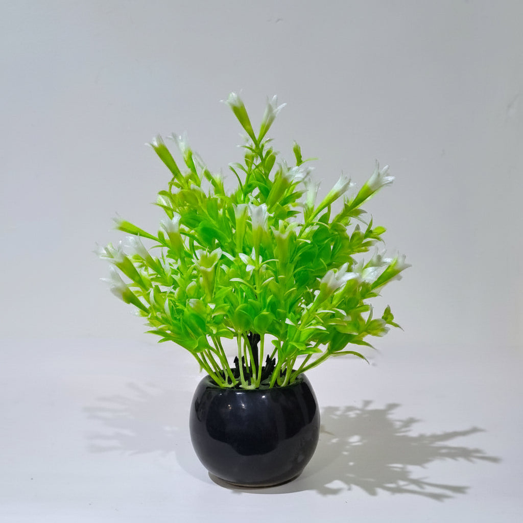 Black Ceramics Pot with artificial Green Plant & White Flowers