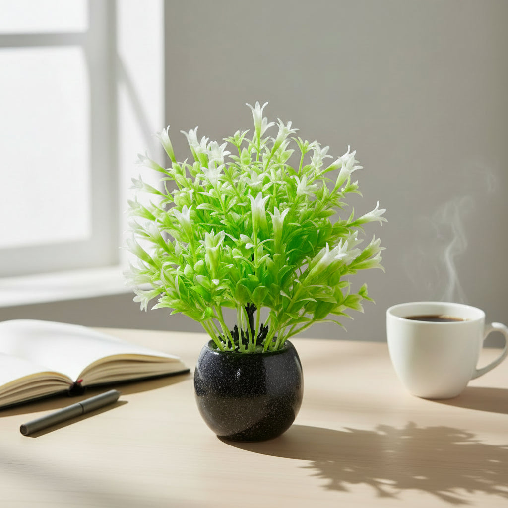 Black Ceramics Pot with artificial Green Plant & White Flowers