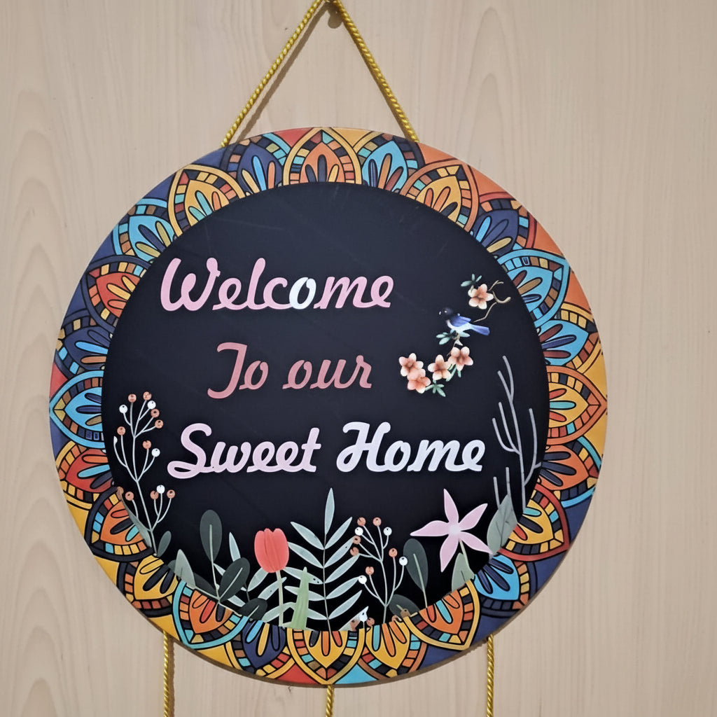 A circular mandala design Wall hanging with Slogan "Welcome to Our Sweet Home"