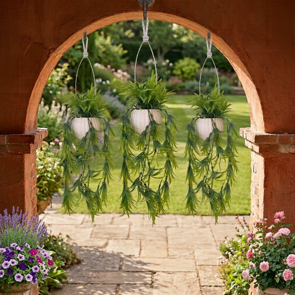 Set of 3 Artificial Green Vine Plant featuring long, cascading foliage arranged in a white, textured Plastic hanging pot