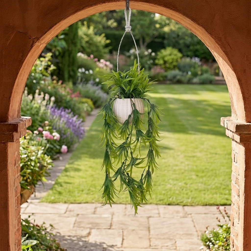 Set of 3 Artificial Green Vine Plant featuring long, cascading foliage arranged in a white, textured Plastic hanging pot