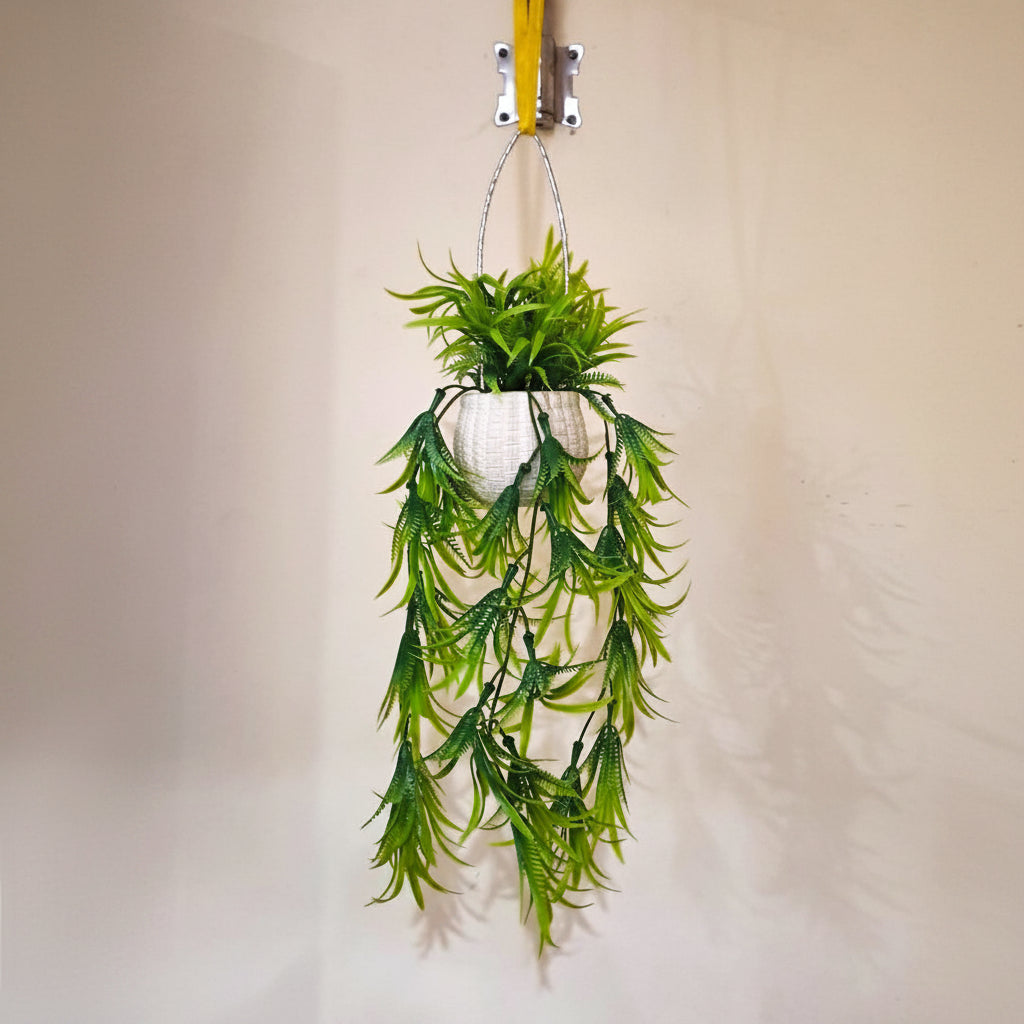 Set of 3 Artificial Green Vine Plant featuring long, cascading foliage arranged in a white, textured Plastic hanging pot