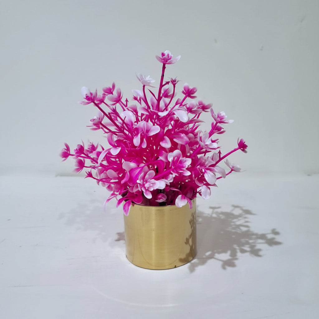 Golden Metallic Pot with artificial Pink Plant