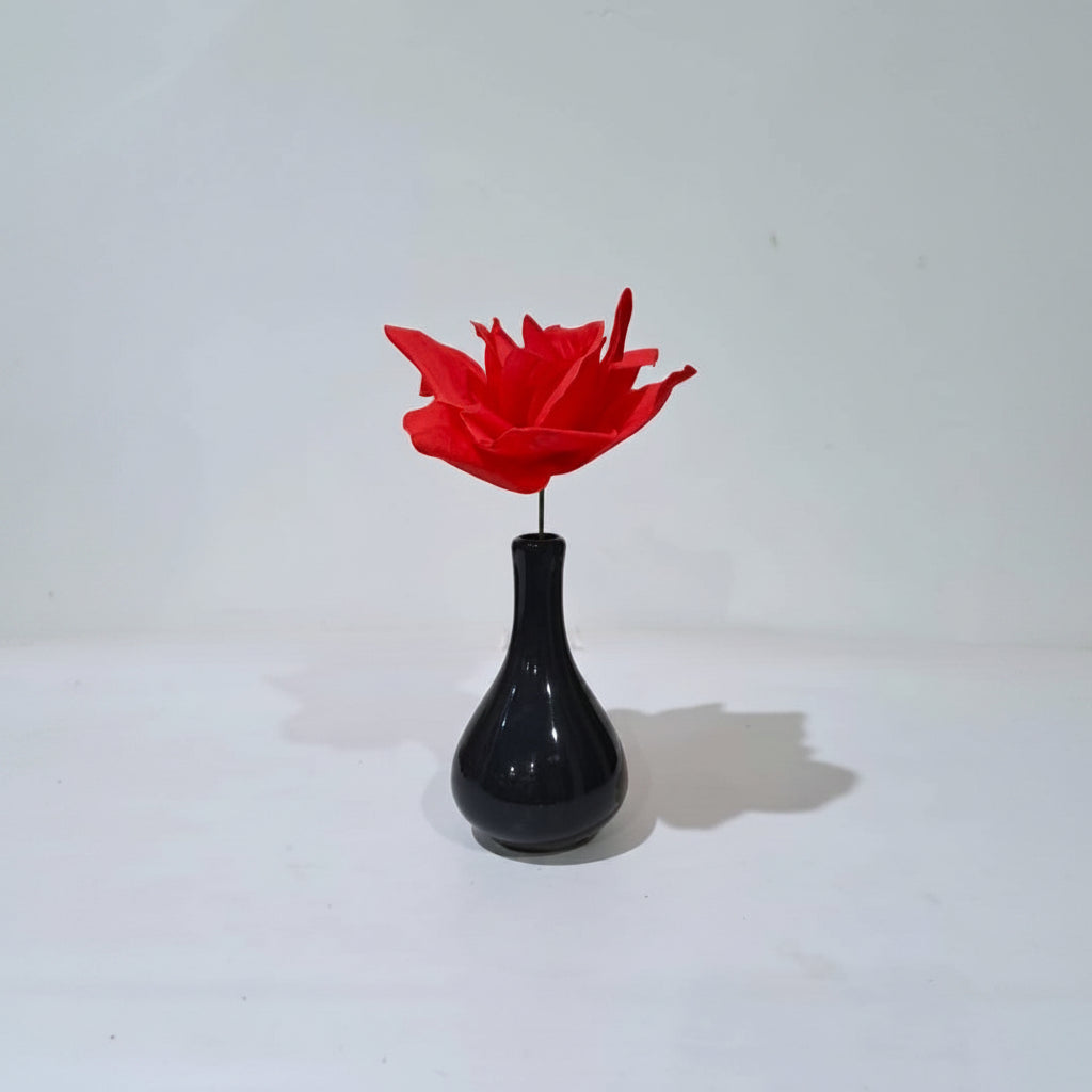 Black narrow Neck Bud Ceramic Vase with free Paper Rose Stem