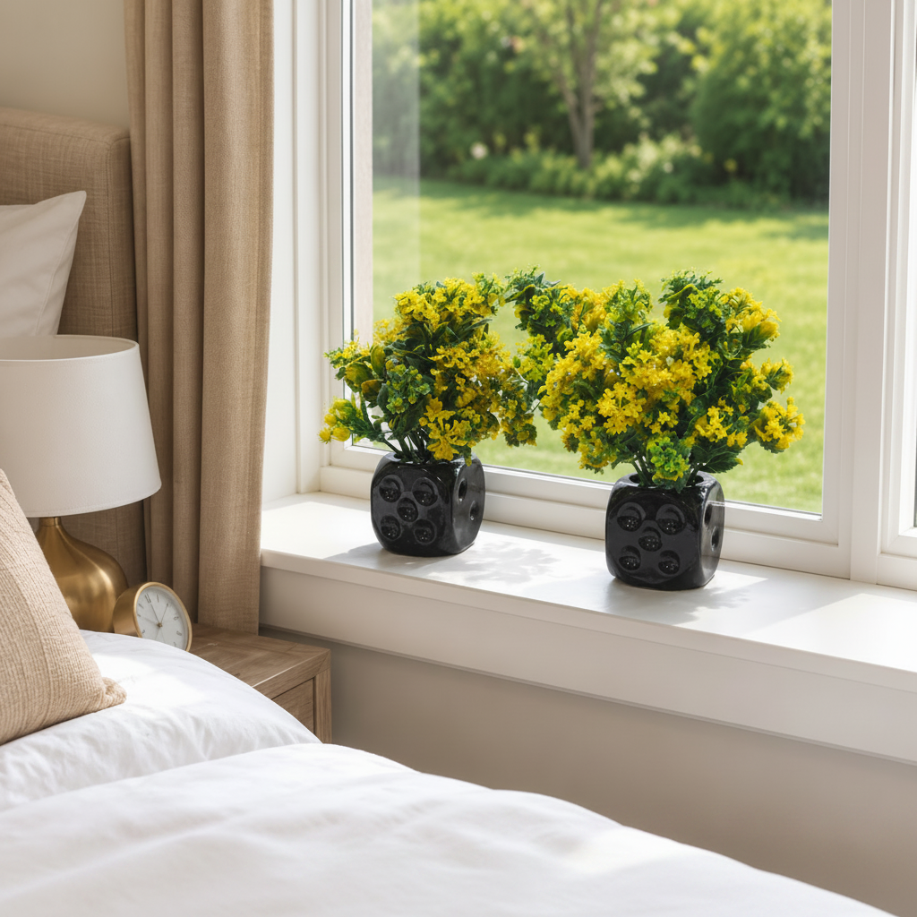 Pack of 2 Black Ceramic Pots with artificial Yellow Flowers and lush green Plants