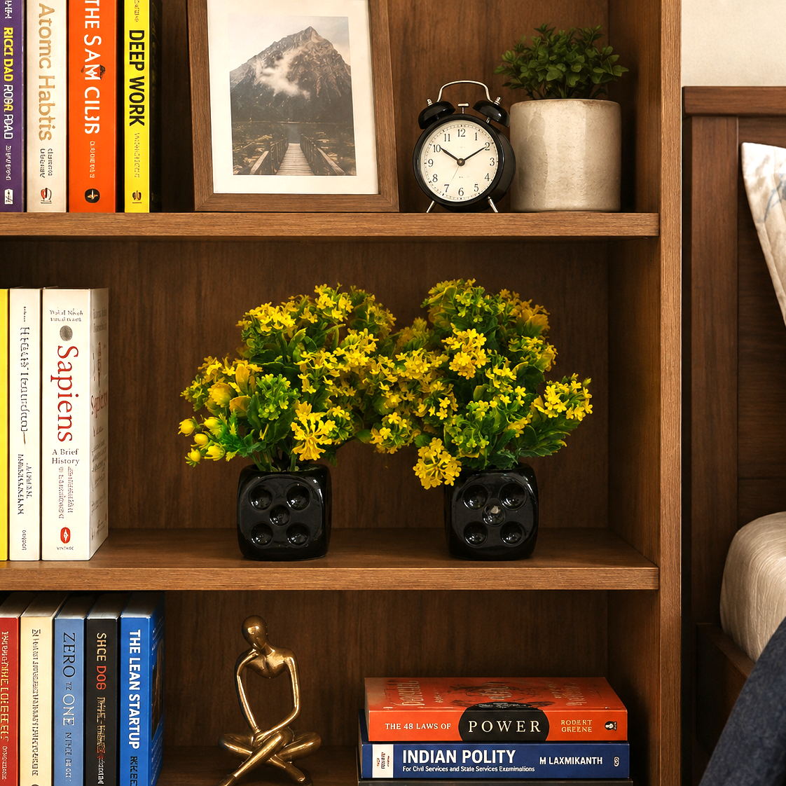 Pack of 2 Black Ceramic Pots with artificial Yellow Flowers and lush green Plants